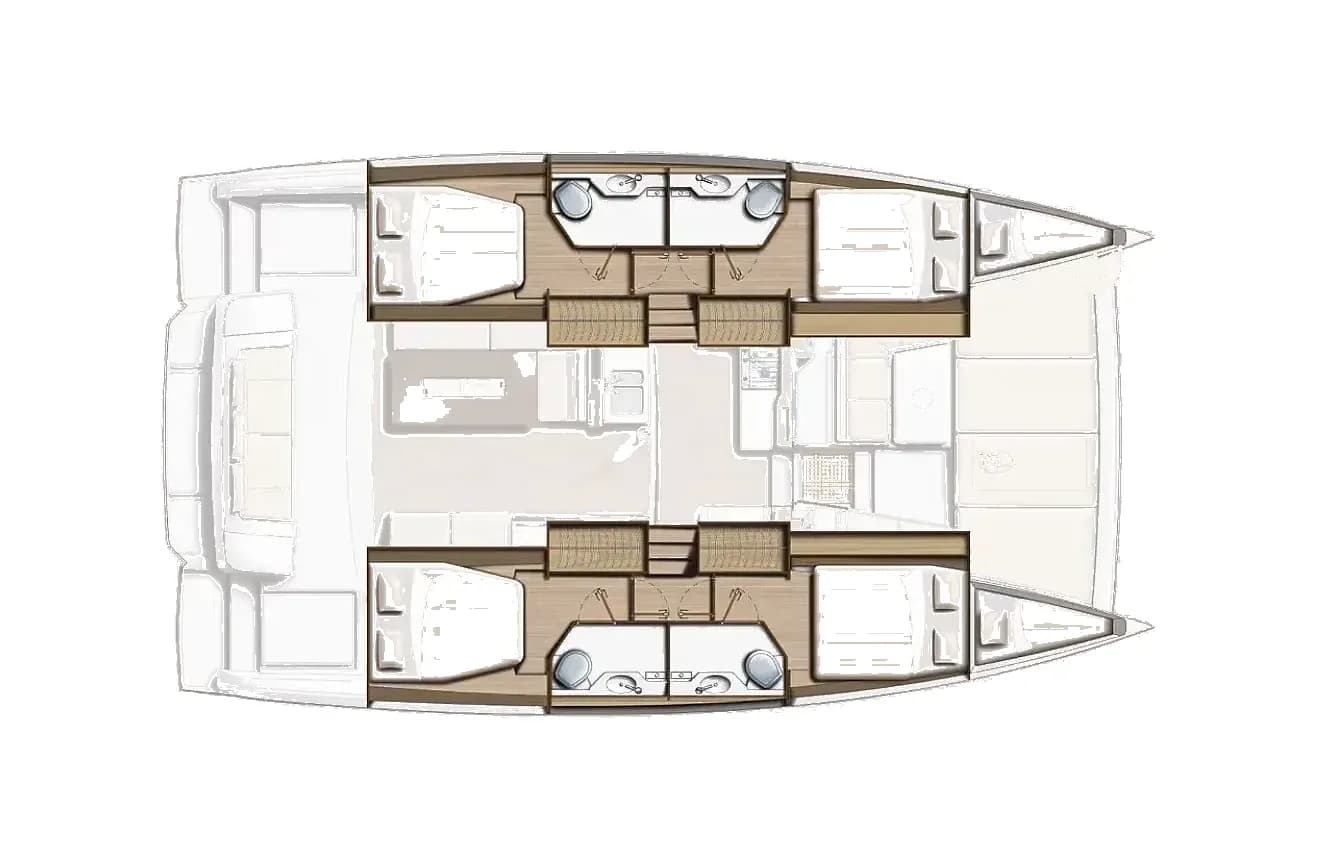 Layout drawing of the Bali 4.2: four double cabins and four bathrooms in the two hulls, two single bow cabins, and the saloon and galley on the main deck